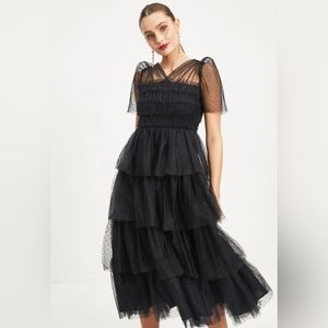 NIGHT AT THE OPERA
TULLE TIERED POLKA DOT
MAXI DRESS - BLACK size Medium